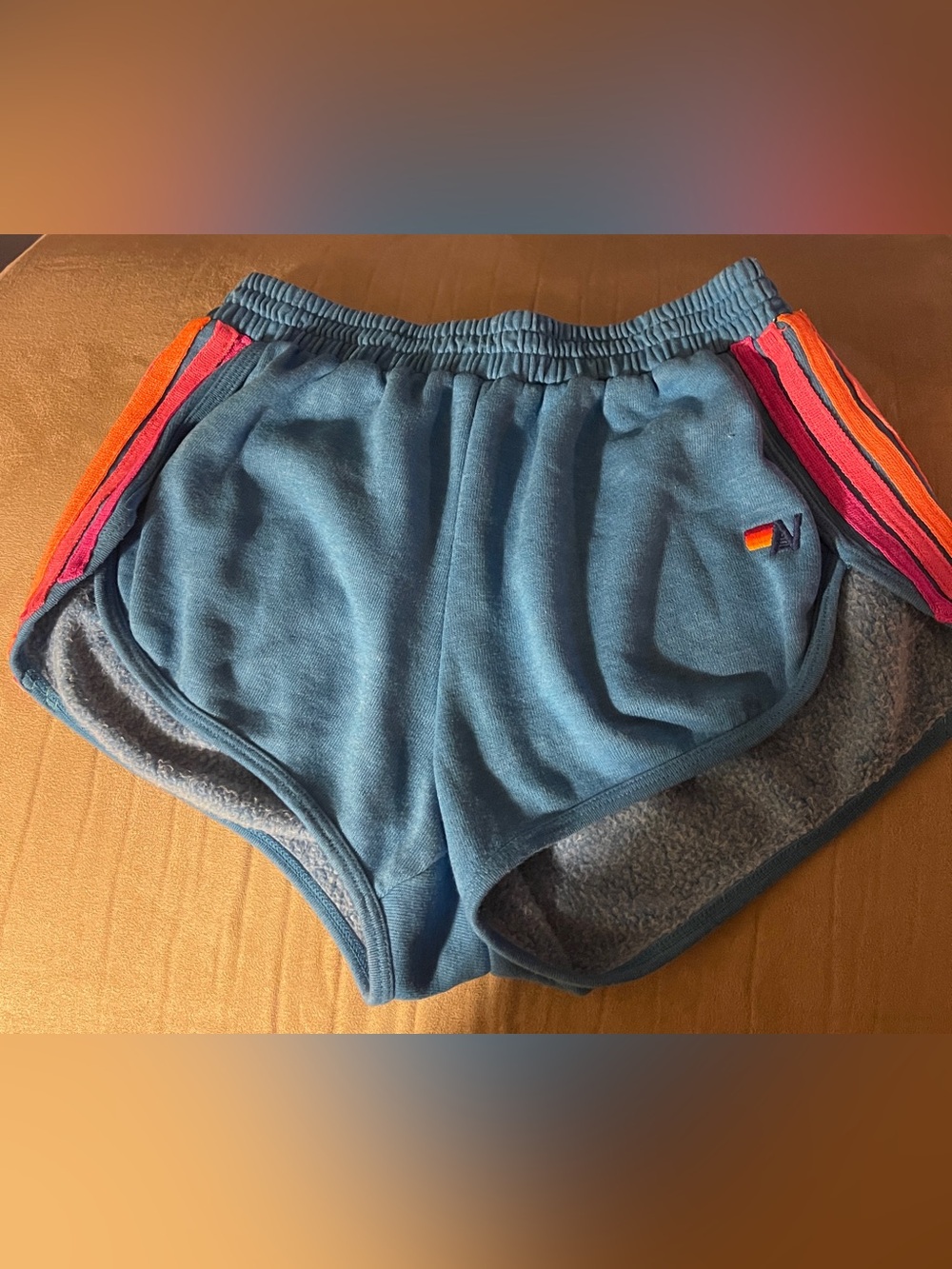 Aviator Nation Blue Terry Shorts with Pink, Orange, Yellow Rainbow Side Stripes